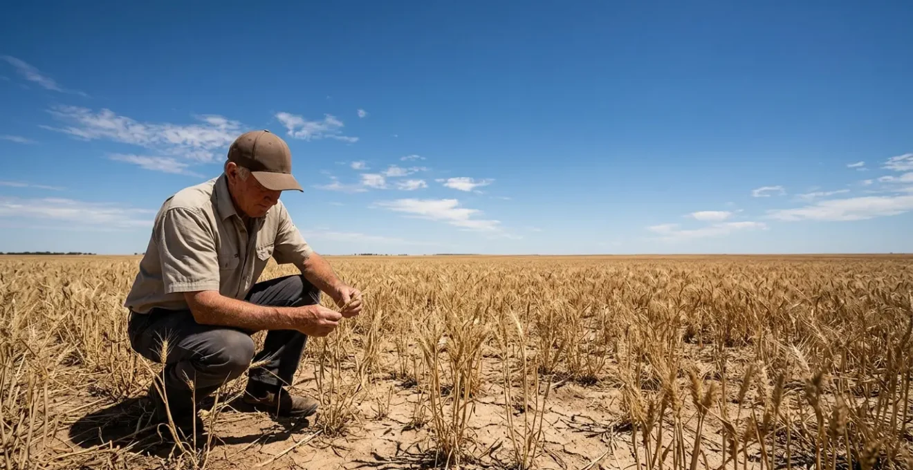 Agriculteur examinant des épis de céréales dans un champ touché par la sécheresse, symbolisant l'évaluation des pertes de récolte