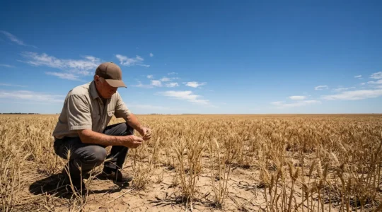 Agriculteur examinant des épis de céréales dans un champ touché par la sécheresse, symbolisant l'évaluation des pertes de récolte