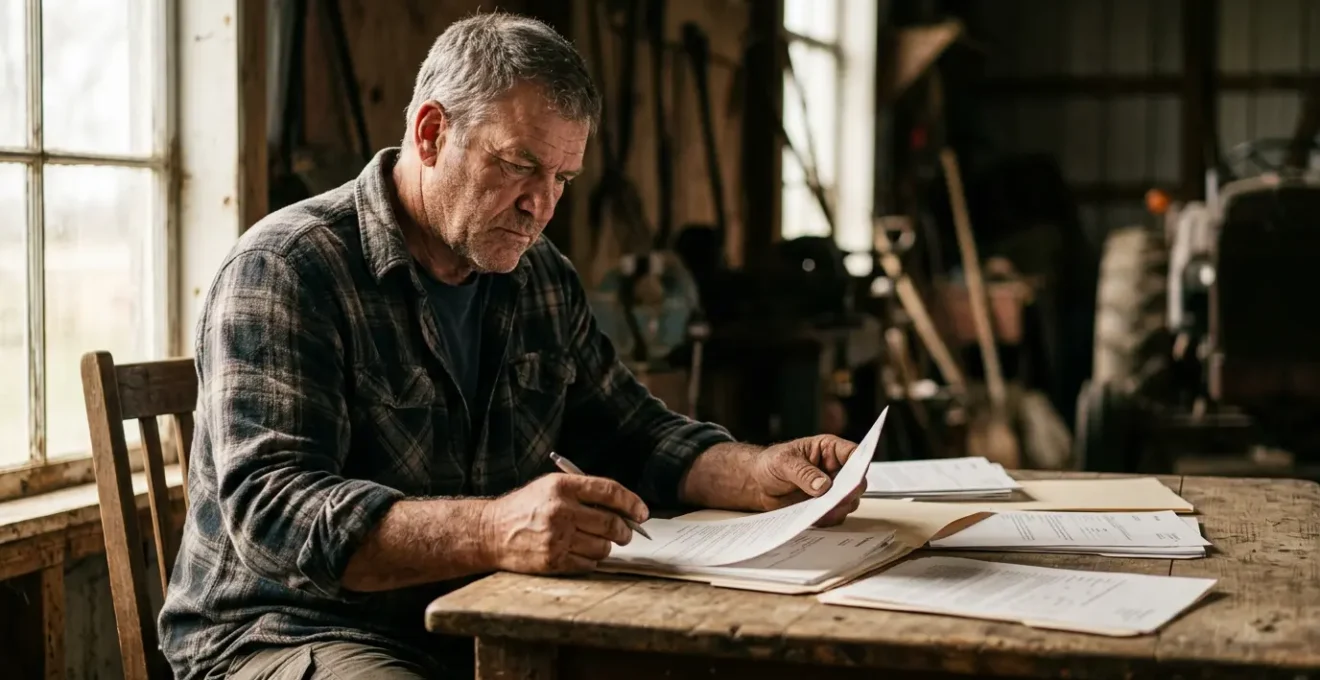 Agriculteur examinant des documents d'expertise après un sinistre dans son exploitation