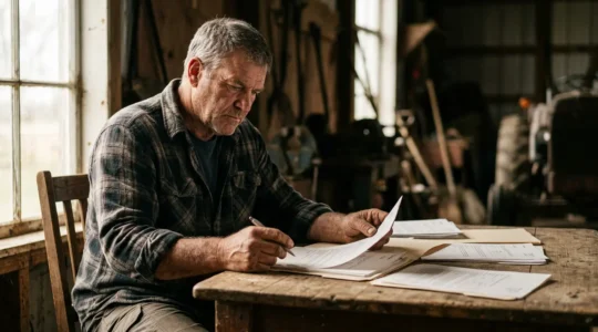 Agriculteur examinant des documents d'expertise après un sinistre dans son exploitation