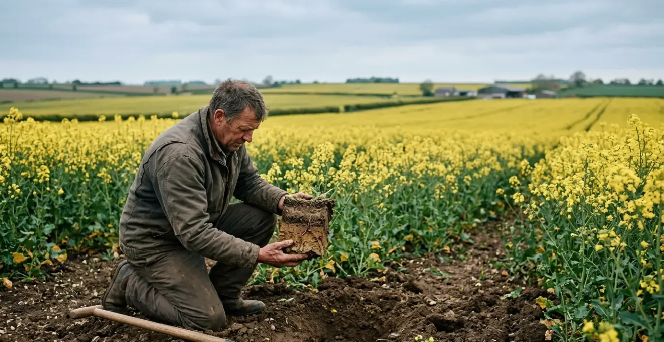 Agriculteur analysant un profil de sol à la bêche pour détecter une zone de compaction dans une parcelle de colza