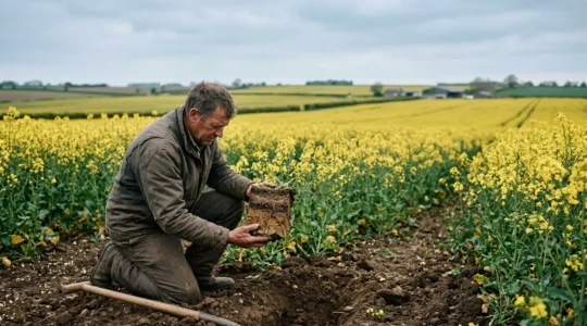 Agriculteur analysant un profil de sol à la bêche pour détecter une zone de compaction dans une parcelle de colza