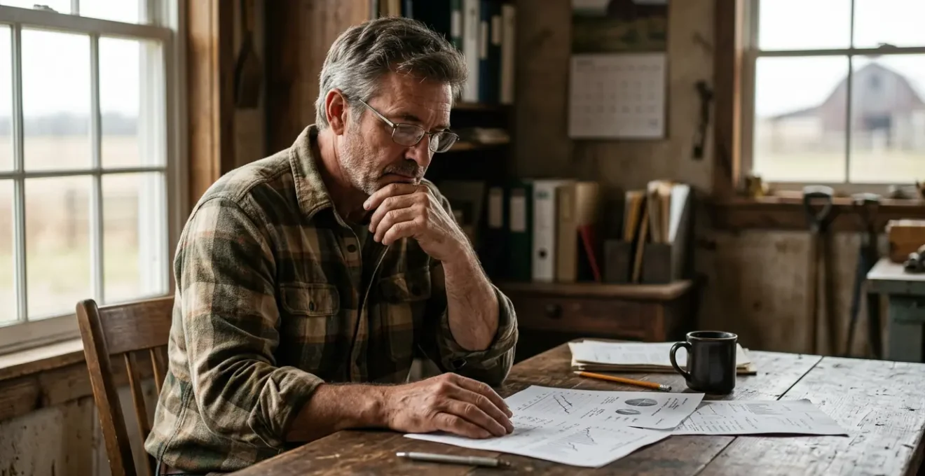 Agriculteur analysant les indicateurs économiques de son exploitation agricole