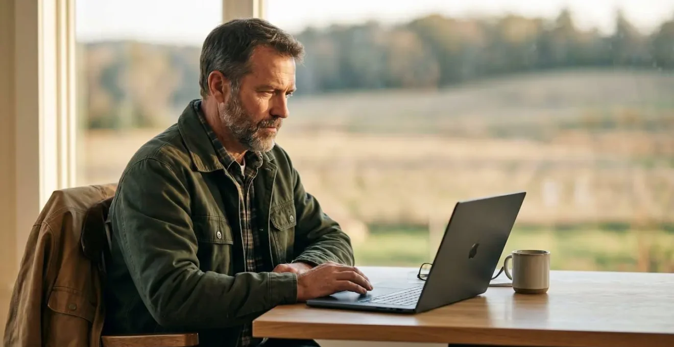 Agriculteur consultant un plan prévisionnel de fumure sur un ordinateur dans un bureau professionnel