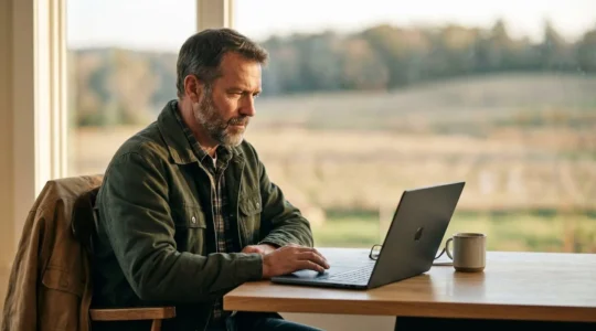 Agriculteur consultant un plan prévisionnel de fumure sur un ordinateur dans un bureau professionnel