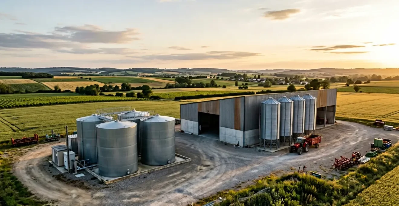Agriculteur organisant le stockage d'engrais dans une exploitation agricole pour optimiser les achats groupés et réaliser des économies