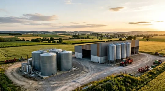 Agriculteur organisant le stockage d'engrais dans une exploitation agricole pour optimiser les achats groupés et réaliser des économies