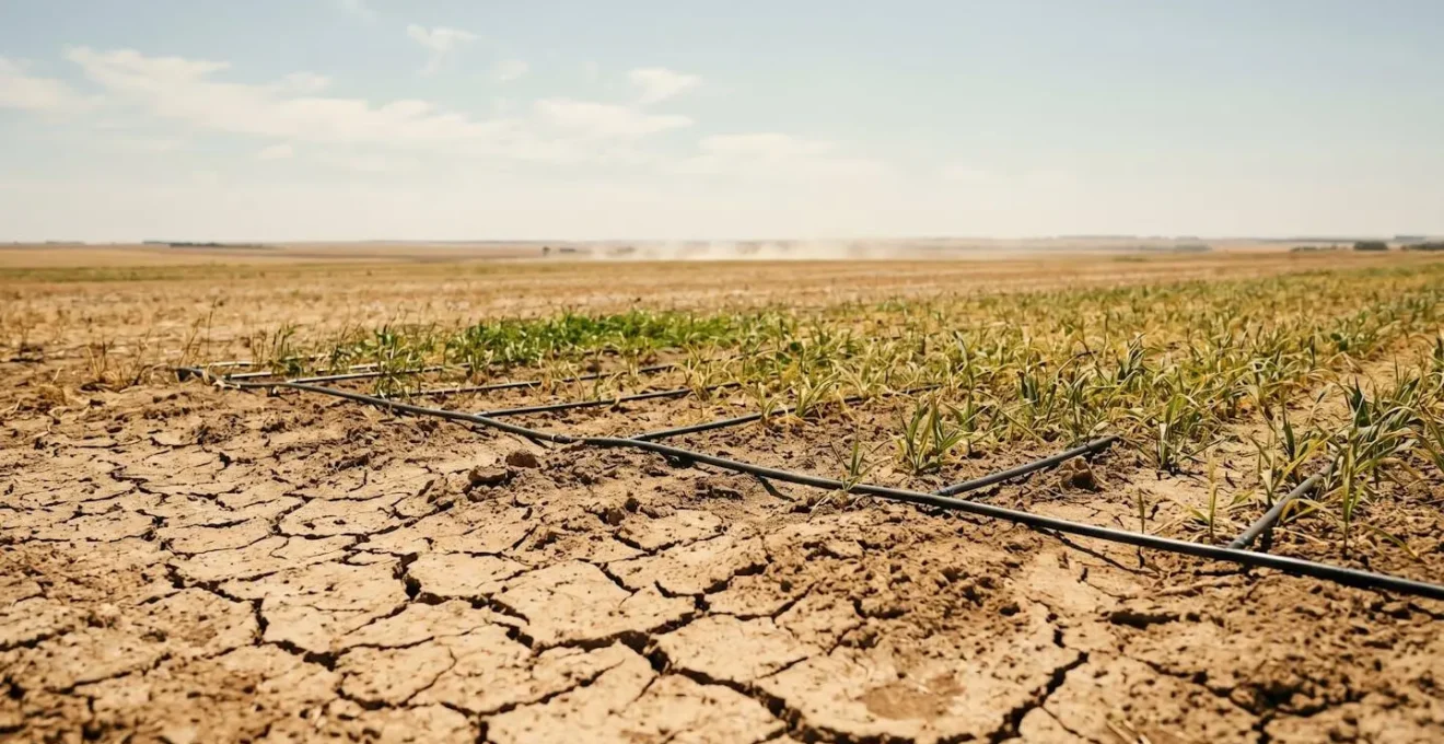 Parcelle agricole sous restriction d'eau avec système d'irrigation en période de sécheresse