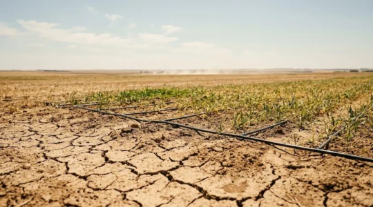 Parcelle agricole sous restriction d'eau avec système d'irrigation en période de sécheresse