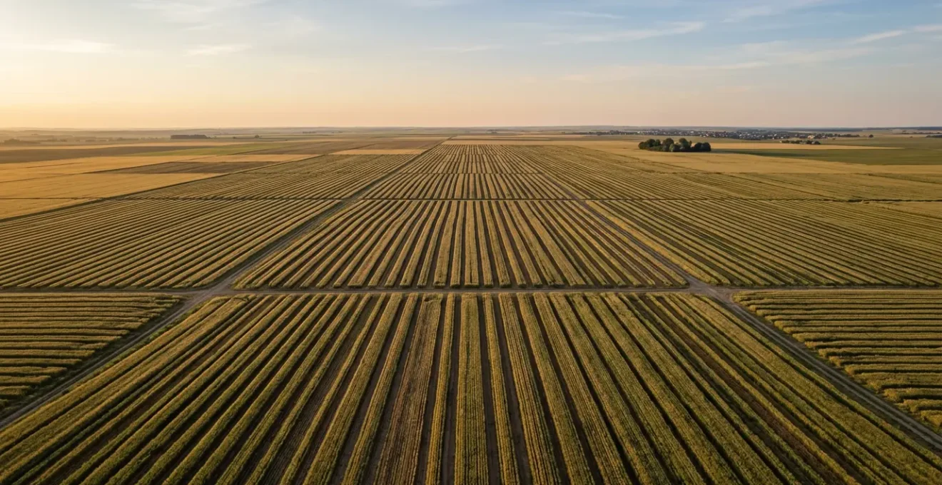 Exploitation céréalière moderne avec vastes parcelles cultivées illustrant la rentabilité de l'agriculture de précision