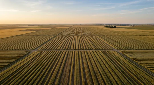 Exploitation céréalière moderne avec vastes parcelles cultivées illustrant la rentabilité de l'agriculture de précision