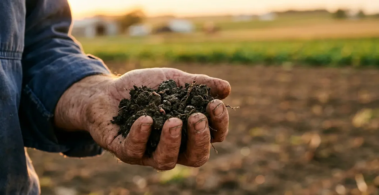 Main d'agriculteur tenant une poignée de terre riche et grumeleuse avec structure visible