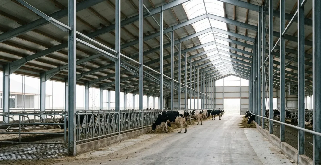 Bâtiment d'élevage laitier avec système de ventilation naturelle en période estivale