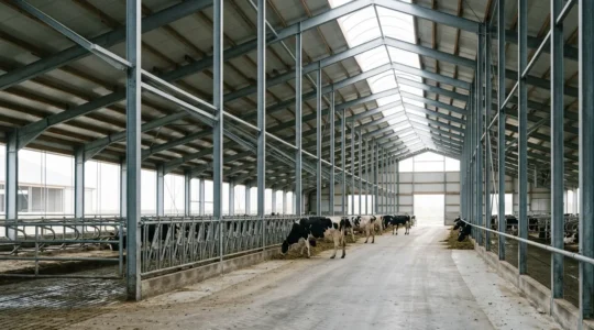 Bâtiment d'élevage laitier avec système de ventilation naturelle en période estivale