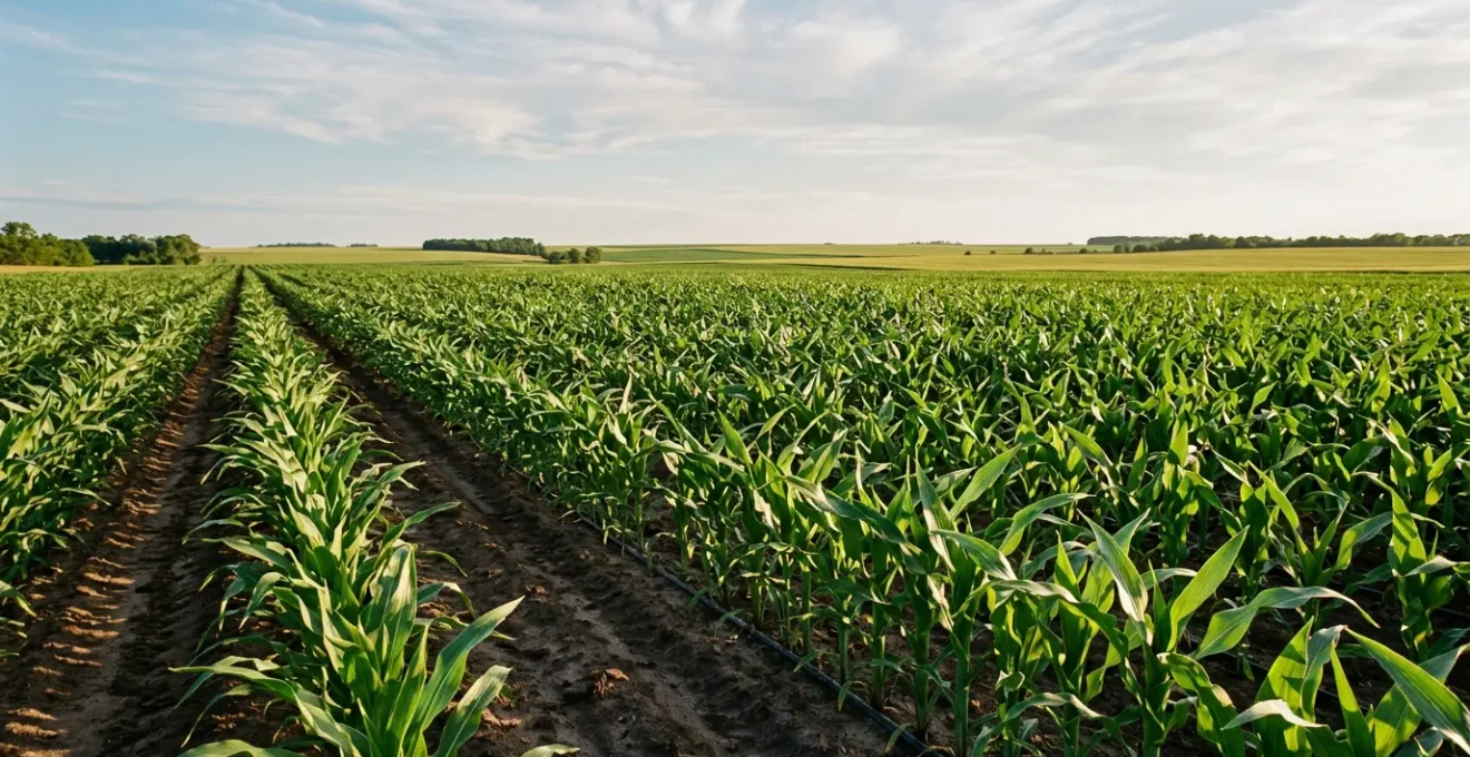 Champ de maïs irrigué par système goutte-à-goutte enterré montrant des plants sains et vigoureux