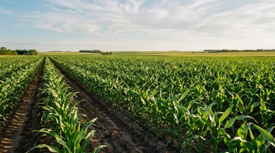 Champ de maïs irrigué par système goutte-à-goutte enterré montrant des plants sains et vigoureux
