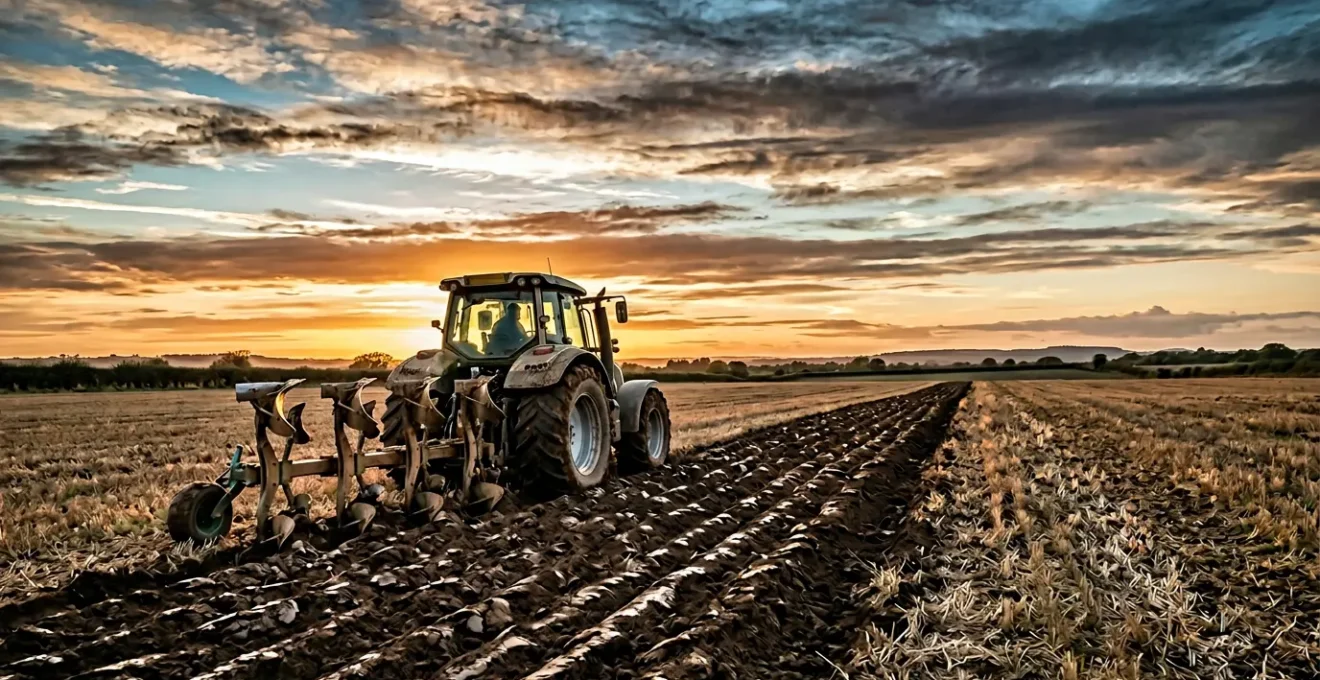 Charrue moderne dans un champ lors du labour pour lutter contre les adventices résistantes