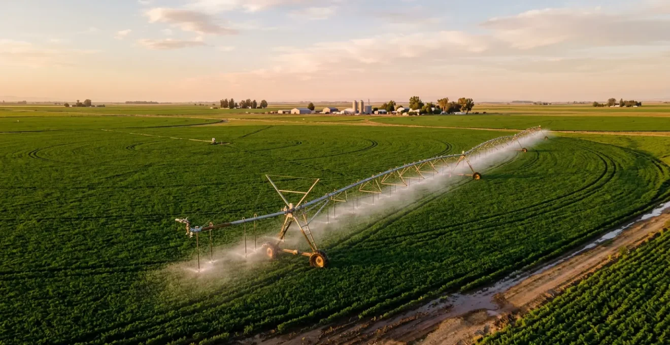 Système d'irrigation agricole moderne dans un champ, illustrant la comparaison entre enrouleur et pivot
