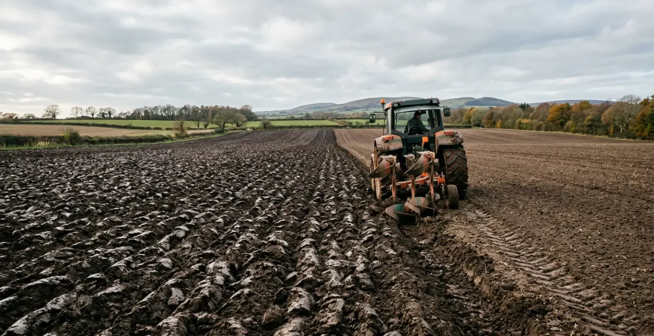 Tracteur agricole en action sur sol tassé après récolte humide, préparation du terrain