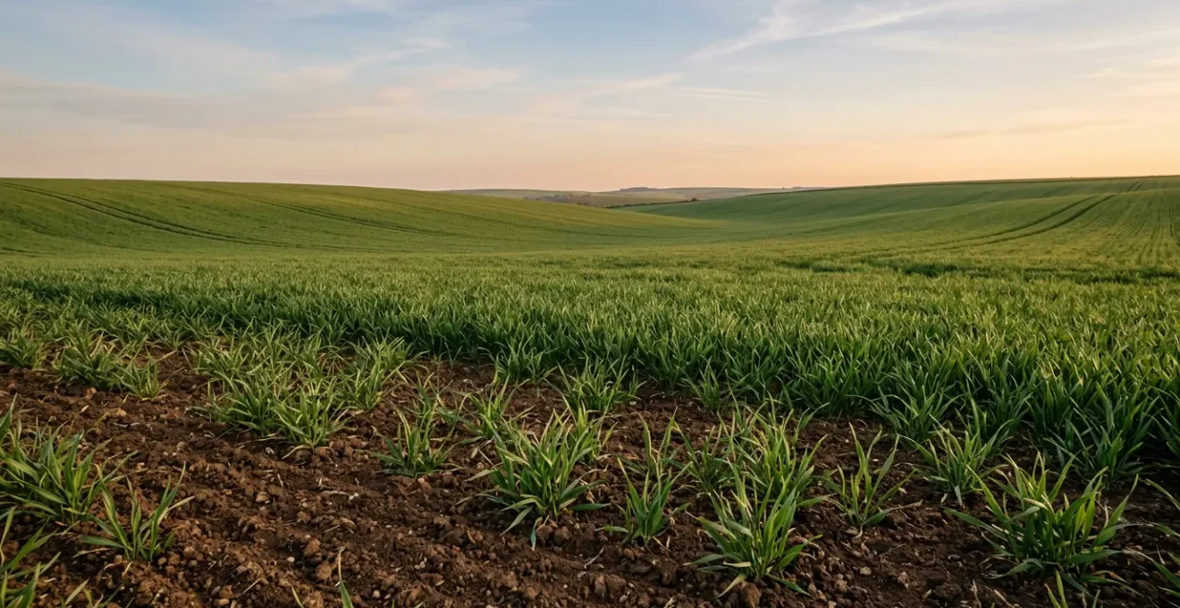 Parcelle agricole de céréales avec zones de densité de semis variables illustrant le potentiel de tallage