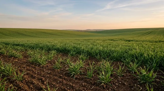 Parcelle agricole de céréales avec zones de densité de semis variables illustrant le potentiel de tallage