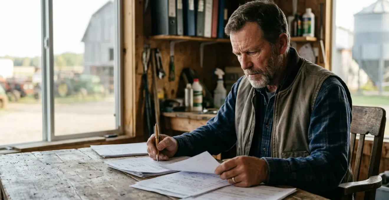 Exploitant agricole consultant un document officiel dans un environnement de ferme, symbolisant la preparation et la rigueur