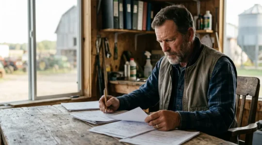 Exploitant agricole consultant un document officiel dans un environnement de ferme, symbolisant la preparation et la rigueur