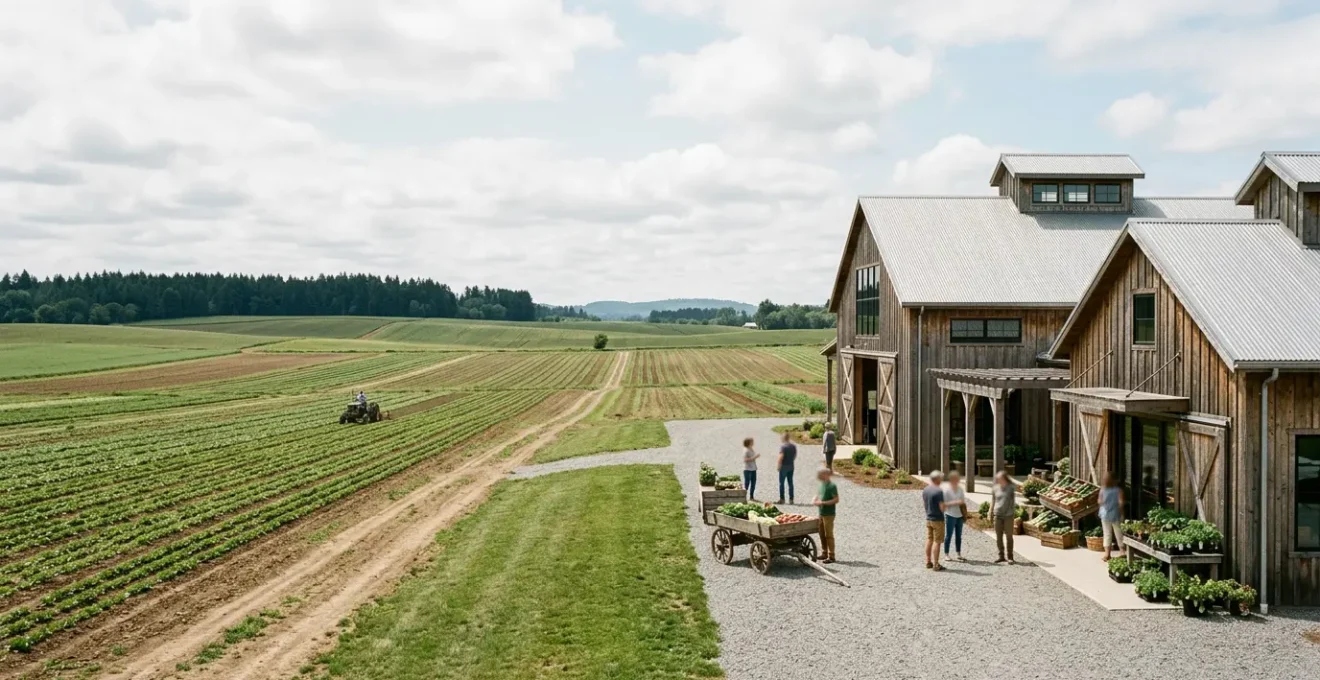 Exploitation agricole moderne avec espace de vente directe et accueil visiteurs