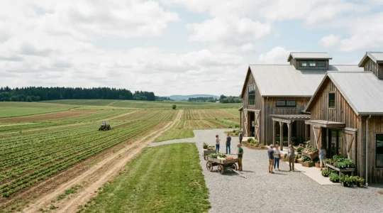 Exploitation agricole moderne avec espace de vente directe et accueil visiteurs