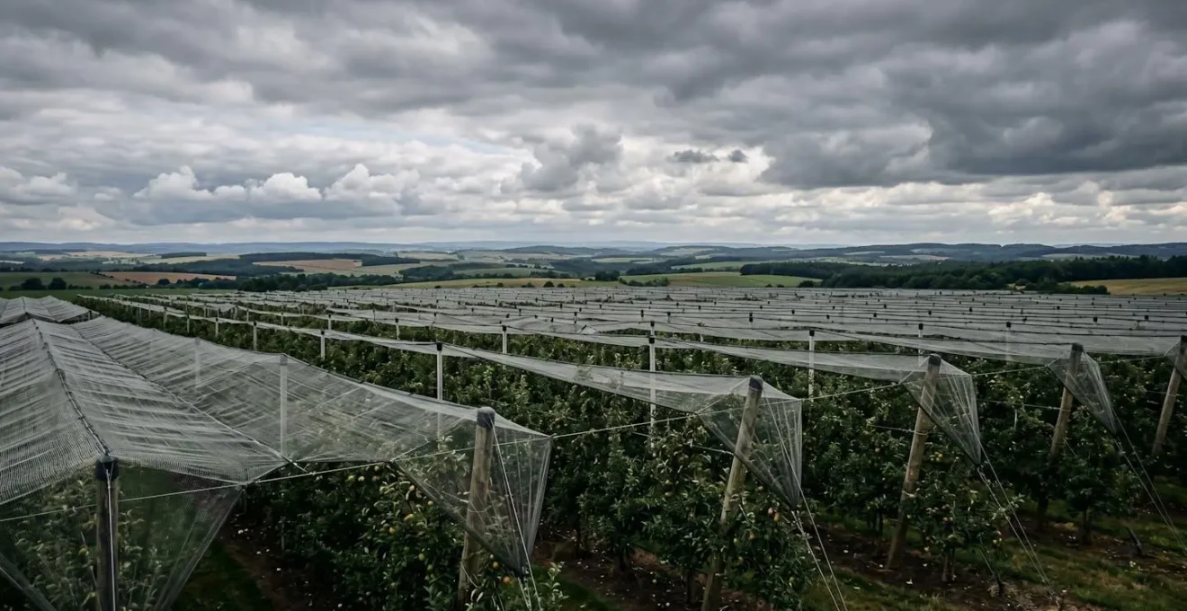 Vue large d'un verger moderne protégé par des filets paragrêle sous un ciel nuageux, mettant en valeur l'infrastructure de protection agricole
