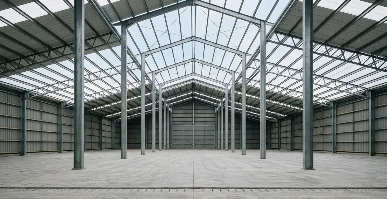 Vue interieure d'un hangar agricole moderne avec charpente metallique et hauteur sous plafond optimale pour operations de chargement