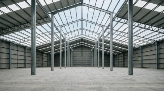 Vue interieure d'un hangar agricole moderne avec charpente metallique et hauteur sous plafond optimale pour operations de chargement