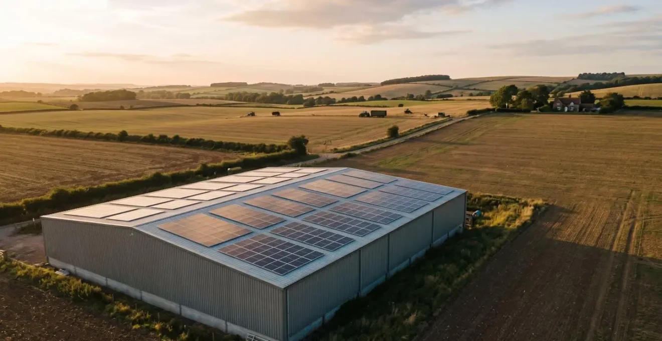 Hangar agricole moderne équipé de panneaux photovoltaïques sur toiture dans un environnement rural