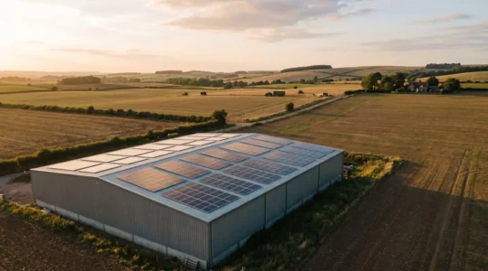 Hangar agricole moderne équipé de panneaux photovoltaïques sur toiture dans un environnement rural