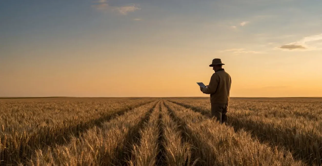 Agriculteur analysant les cours des céréales avec stratégie de couverture financière