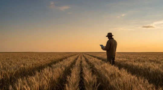 Agriculteur analysant les cours des céréales avec stratégie de couverture financière