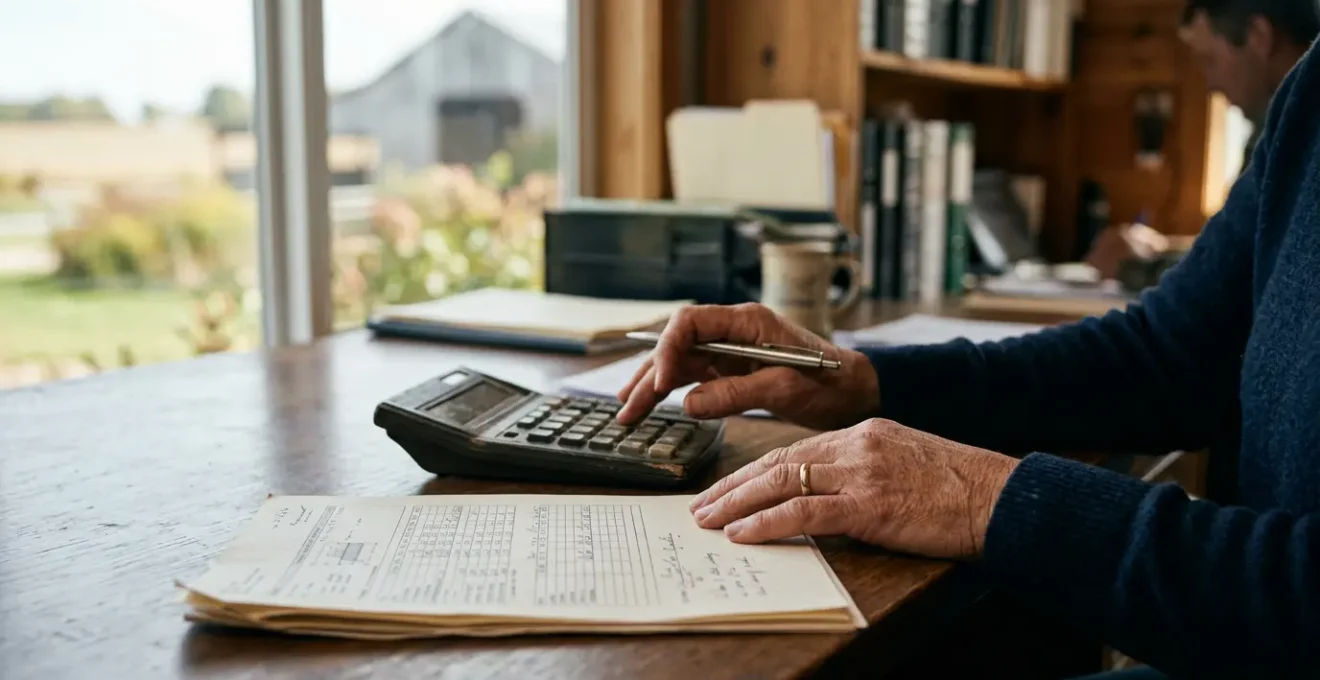 Agriculteur examinant des documents financiers dans un bureau de ferme moderne
