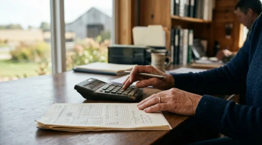 Agriculteur examinant des documents financiers dans un bureau de ferme moderne