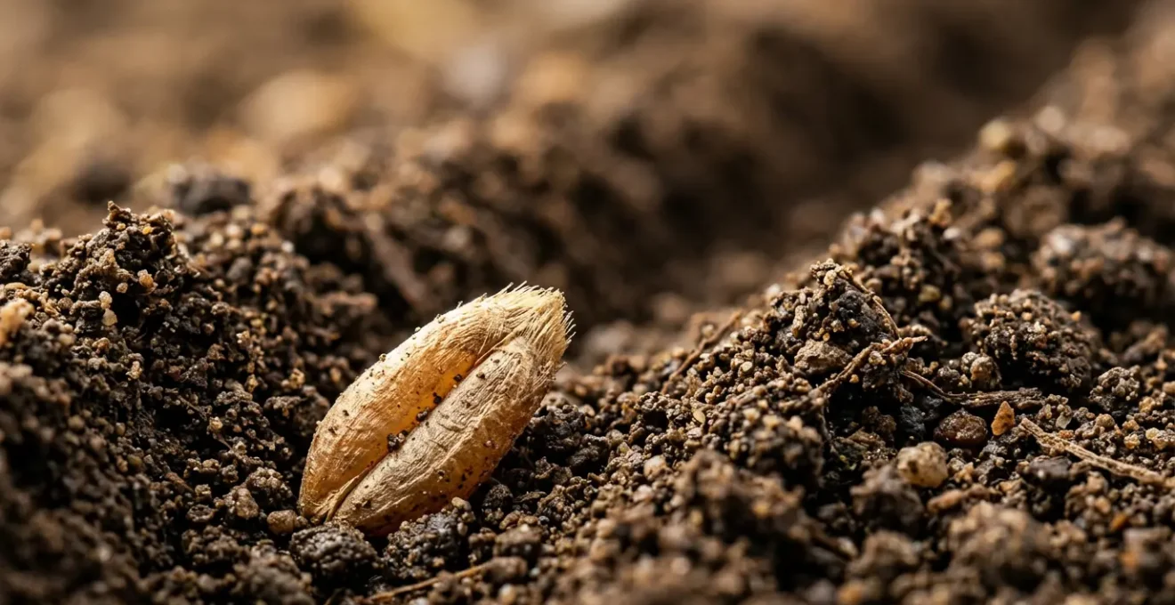 Vue macro d'un grain de blé positionné dans un sillon de semis, avec profondeur de champ réduite révélant la texture du sol