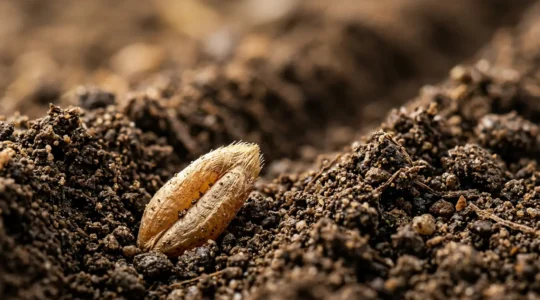 Vue macro d'un grain de blé positionné dans un sillon de semis, avec profondeur de champ réduite révélant la texture du sol