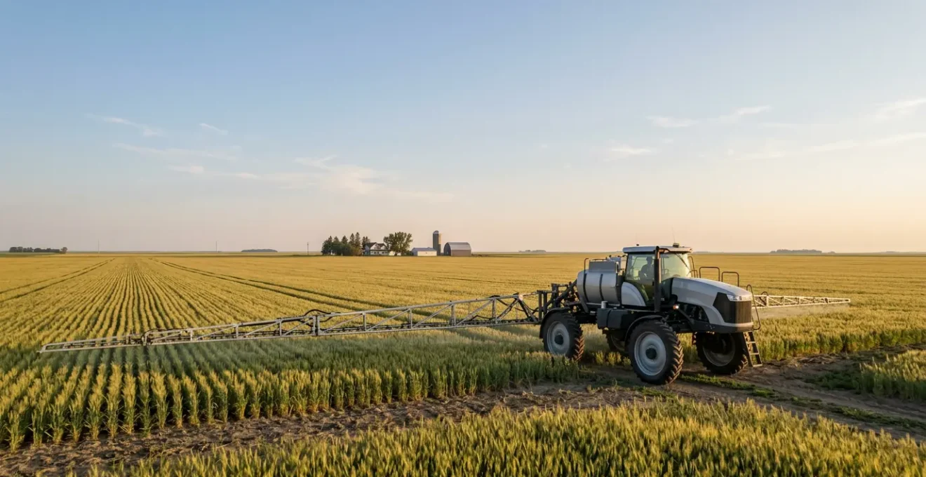 Pulvérisateur automoteur à rampe déployée dans un vaste champ de céréales sous un ciel lumineux