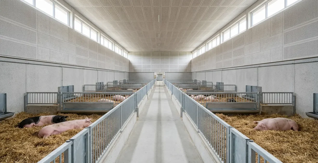 Environnement d'élevage porcin moderne avec solutions acoustiques pour le bien-être animal