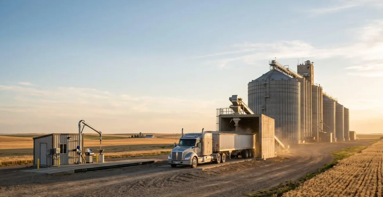 Scène agricole montrant la livraison de céréales de qualité à une coopérative avec système de contrôle moderne