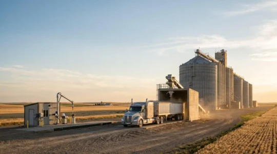 Scène agricole montrant la livraison de céréales de qualité à une coopérative avec système de contrôle moderne