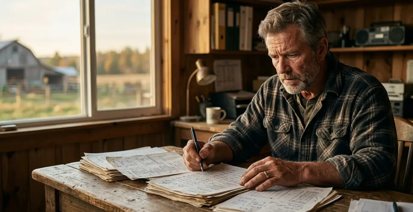 Agriculteur examinant des documents financiers dans son bureau d'exploitation