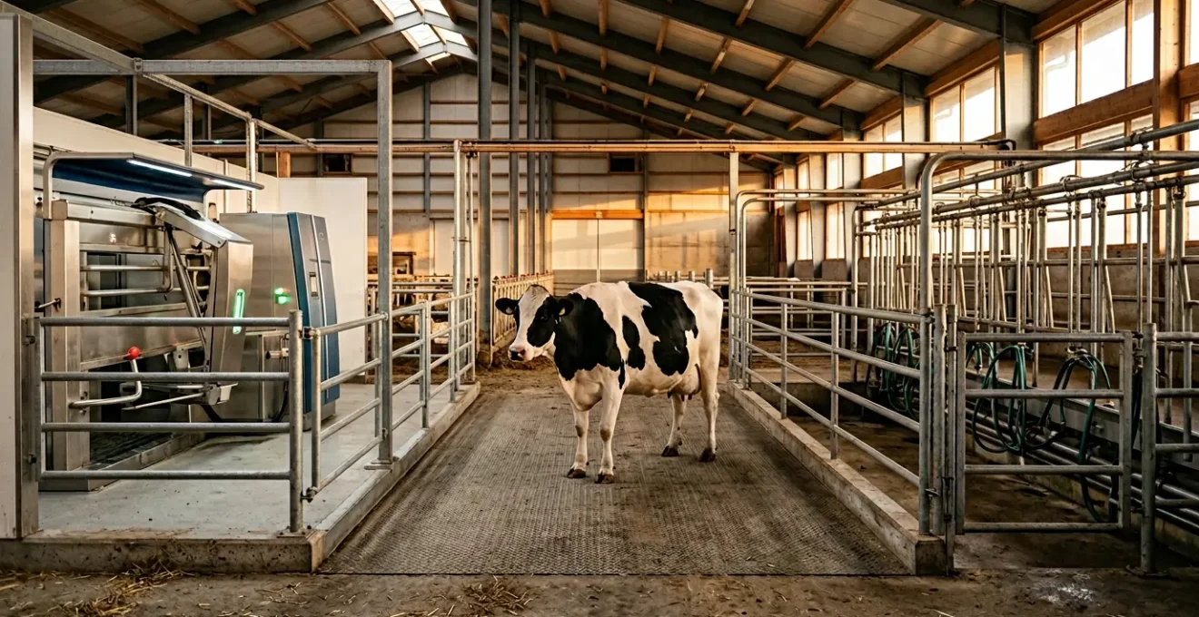 Comparaison visuelle entre technologie robotisée et méthode traditionnelle en élevage laitier moderne