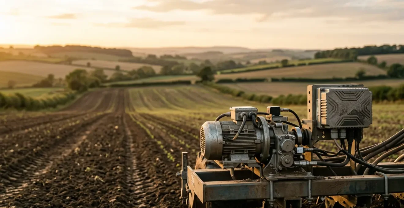 Semoir monograine électrique en action dans un champ agricole, technologie de précision pour l'agriculture moderne