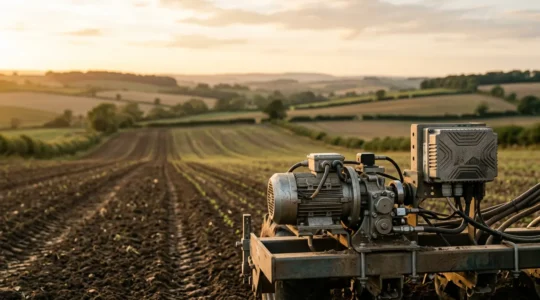 Semoir monograine électrique en action dans un champ agricole, technologie de précision pour l'agriculture moderne