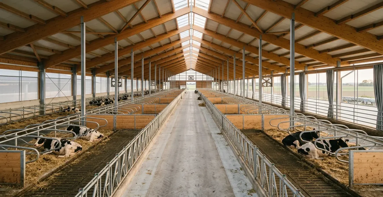 Vue intérieure d'une stabulation bovine moderne montrant des vaches laitières dans leur environnement de couchage