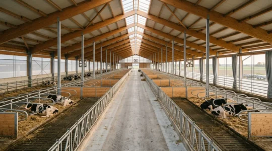 Vue intérieure d'une stabulation bovine moderne montrant des vaches laitières dans leur environnement de couchage